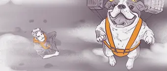 Illustration of a bulldog wearing a harness and attached to a parachute, floating in the air. Below, a person with a scarf looks up at the dog. The background is a cloudy sky with a whimsical feel.
