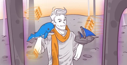 Illustration of a person wearing an orange scarf, holding a blue whale plush toy and a boat, surrounded by floating cargo containers. The background features an abstract landscape with purple and orange hues.