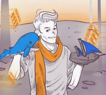 Illustration of a person with light hair and an orange scarf, holding a blue whale toy in one hand and a model ship with blue sails in the other. The background features abstract shapes and floating cubes with digital designs on a gray, barren landscape.