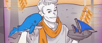 Illustrated person with a short hairstyle and orange scarf, holding a blue toy whale on one shoulder and a model sailboat in their hand. Background features abstract orange crates and a gradient sky.