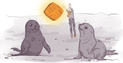 An illustration of two seals on a beach, looking towards a person jumping in the air and tossing a large glowing cube. The scene is playful and imaginative.