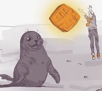 Illustration of a seal sitting on a beach with a person in the background jumping with arms outstretched to catch an orange, glowing cube.