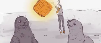 Illustration of two seals on a beach looking at a person in mid-air, reaching for an orange barrel. The scene has a playful and dynamic atmosphere, with the seals appearing curious and the person jumping energetically.