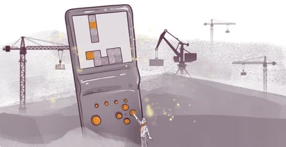 Illustration of a person interacting with a large handheld game console displaying a block-stacking game. Construction cranes are visible in the background, creating a surreal scene blending digital gaming and construction themes.