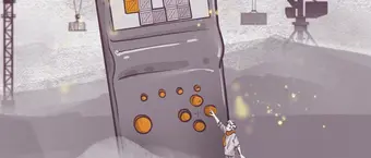 Illustration of a person operating a giant handheld gaming device with a Tetris-like game on the screen, surrounded by cranes moving shipping containers. The scene has a whimsical, soft purple hue, blending technology with industrial elements.