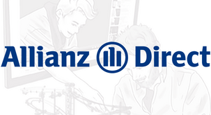 Graphic with the text "Allianz Direct" overlaid on a faded background featuring line drawings of a person working on a bike and another person at a desk.