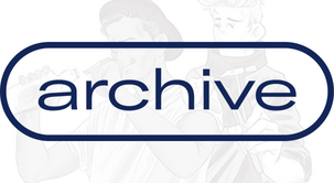 Alt: Faded illustration of two people in the background with the word "archive" in bold blue font inside an elongated oval overlay.