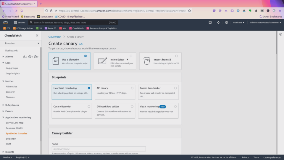 Screenshot of Amazon Web Services (AWS) CloudWatch management console with options for creating a new canary monitoring setup, featuring choices like using a blueprint, inline editor, or importing from S3.