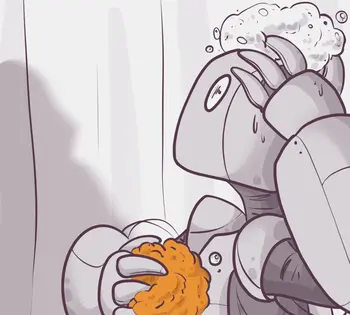 A cartoon robot character washing its head with soapy water while holding an orange sponge, standing next to a shower curtain. The robot appears to be showering, with droplets of water and bubbles visible around its head.