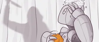 A cartoon robot taking a shower with a soapy sponge. There's a shadow silhouette on the shower curtain of a figure holding a knife, adding a humorous twist reminiscent of a movie scene.