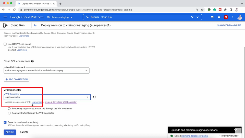 Screenshot of the Google Cloud Platform interface showing the deployment settings for a service with options for HTTP/2, Cloud SQL connections, and VPC Connector highlighted.