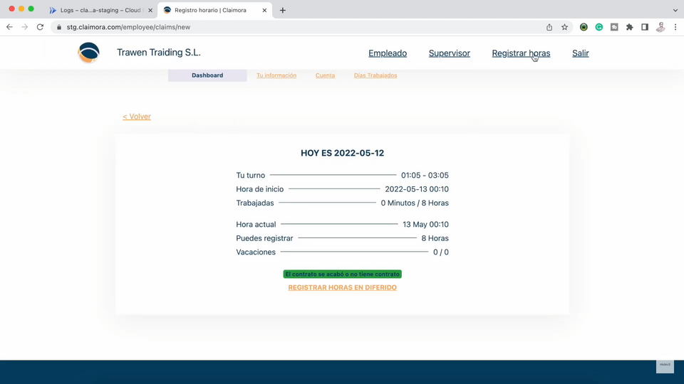 Screenshot of a time tracking web dashboard with headings 'Empleado' and 'Supervisor', displaying work schedule details for the date 2022-05-12, and options for logging hours.