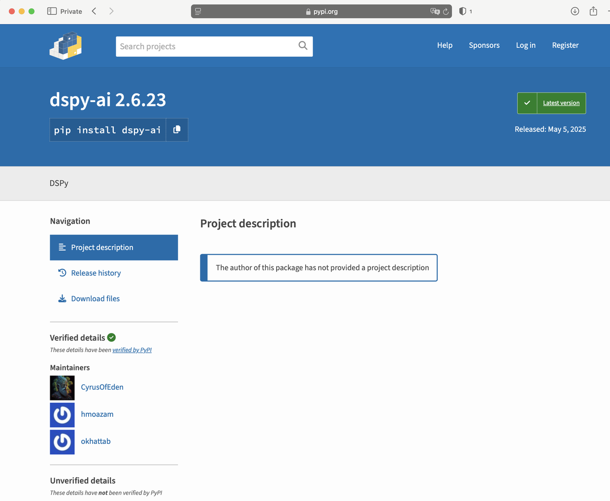 Screenshot of a PyPI project page for "dspy-ai" version 2.6.23. The page features a navigation menu, a notice that the project description is not provided, and verified maintainer details. A sidebar includes links to project description, release history, and download files.