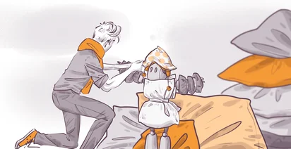 Illustration of a person dressing a small robot in a polka-dot bonnet and apron. The person wears an orange scarf and shoes, while the robot stands on an orange and gray surface. The background features soft, abstract shapes in gray and orange hues.