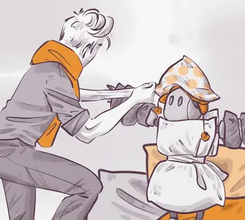 A person adjusts a polka-dotted hat on a robot. The robot wears a scarf and dress, while the person, seen side-on, has a short haircut and wears a jacket with an orange lining. The background is minimal, with soft colors and outlines.