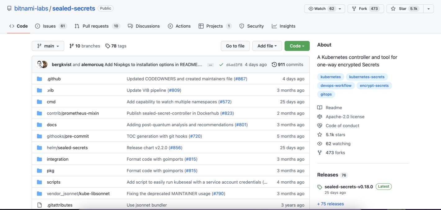 Screenshot of the Bitnami-labs 'sealed-secrets' GitHub repository showing code, issues, pull requests, and other repo details such as commits and tags.