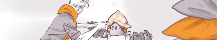 Illustration of a person in a hoodie adjusting a polka-dot bandana on a small robot. The scene conveys a gentle interaction between human and machine, with soft colors and a focus on the relationship between the characters.
