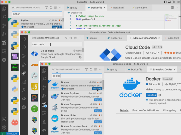 Screenshot of a computer desktop showing an open code editor with multiple tabs, including 'app.py' and 'Dockerfile', and a marketplace sidebar with Docker extensions being browsed.