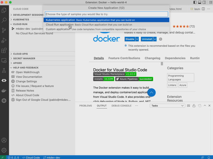 Screenshot showing a Visual Studio Code interface with the Docker extension page open, indicating version 1.22.0 with 16.02M installs and a successful Azure Pipelines tag.