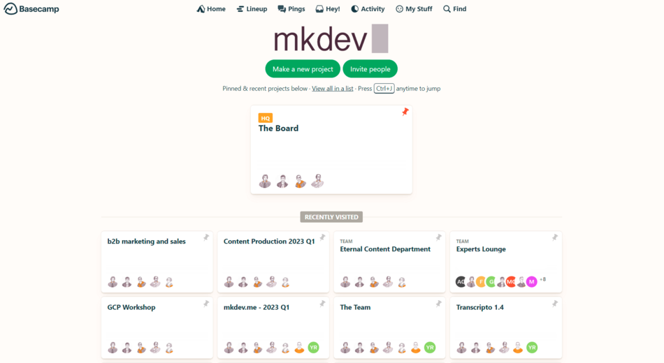 Screenshot of Basecamp's interface showing various project cards with team member avatars, including sections for pinned and recent projects, and navigation options for Home, Lineup, Pings, Hey!, Activity, My Stuff, and a search bar.
