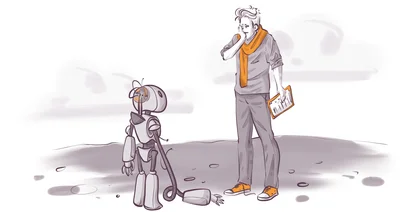 Illustration of a confused person with a yellow scarf and orange shoes holding a clipboard, looking at a small robot with a broken arm on the ground, set against a simple background.