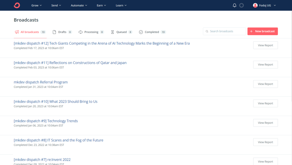 Screenshot of a user interface titled 'Broadcasts' with a list of completed digital dispatches, featuring topics related to technology and business, accompanied by 'View Report' buttons.