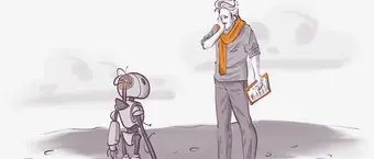 Illustration of a person with an orange scarf and clipboard standing thoughtfully, looking at a small robot. The setting appears outdoors with a simple background, emphasizing interaction.