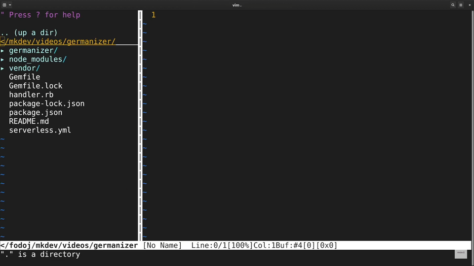 Screenshot of a computer terminal with an open Vim editor showing a directory listing with files such as Gemfile, README.md, and folders like node_modules.