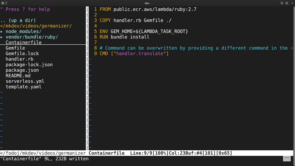 Screenshot of a computer screen with a split terminal showing a directory structure on the left and a Dockerfile being edited in Vim on the right.