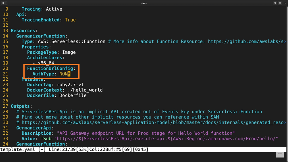 Screenshot of a computer screen displaying code in a text editor, highlighting a YAML configuration for an AWS Serverless Function with a section called "FunctionUrlConfig".