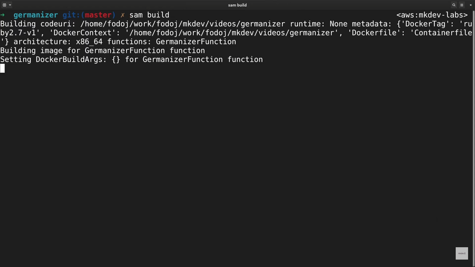 A screenshot of a computer terminal running a 'sam build' command with output related to building a Docker image for a function named 'GermanizerFunction'.