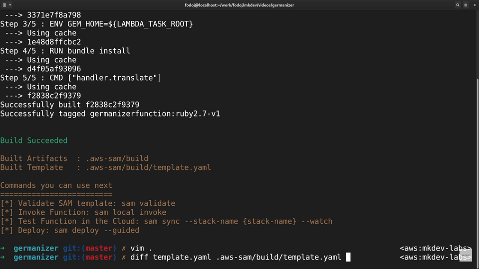 A screenshot of a computer terminal showing successful build messages for software deployment with AWS (Amazon Web Services) SAM (Serverless Application Model) CLI commands.