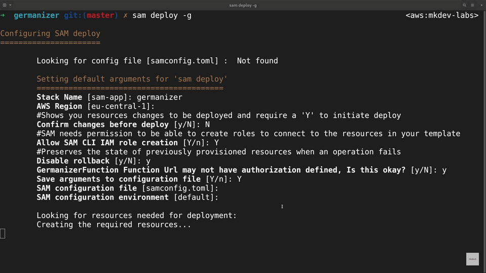 A screenshot of a computer terminal running the AWS SAM (Serverless Application Model) deployment command with configuration options and prompts displayed.