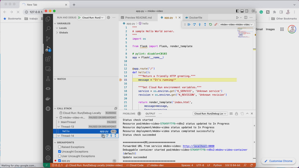 Screenshot of an Integrated Development Environment (IDE) with code in Python using the Flask framework, terminal output at the bottom, and debugging tools visible on the sides.