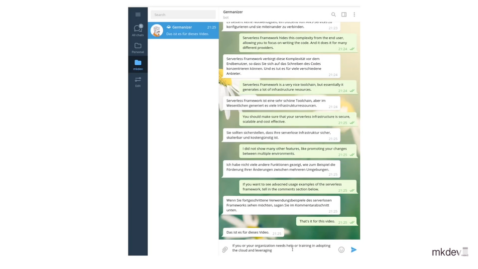 Screenshot of a messaging interface displaying a conversation with a bot named "Germanizer" that translates messages between English and German in real-time.