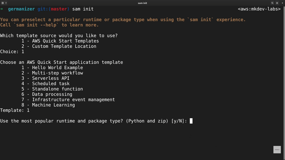 Screenshot of a computer terminal displaying commands and options for initializing a project with AWS SAM (Serverless Application Model), including a list of application templates to choose from.