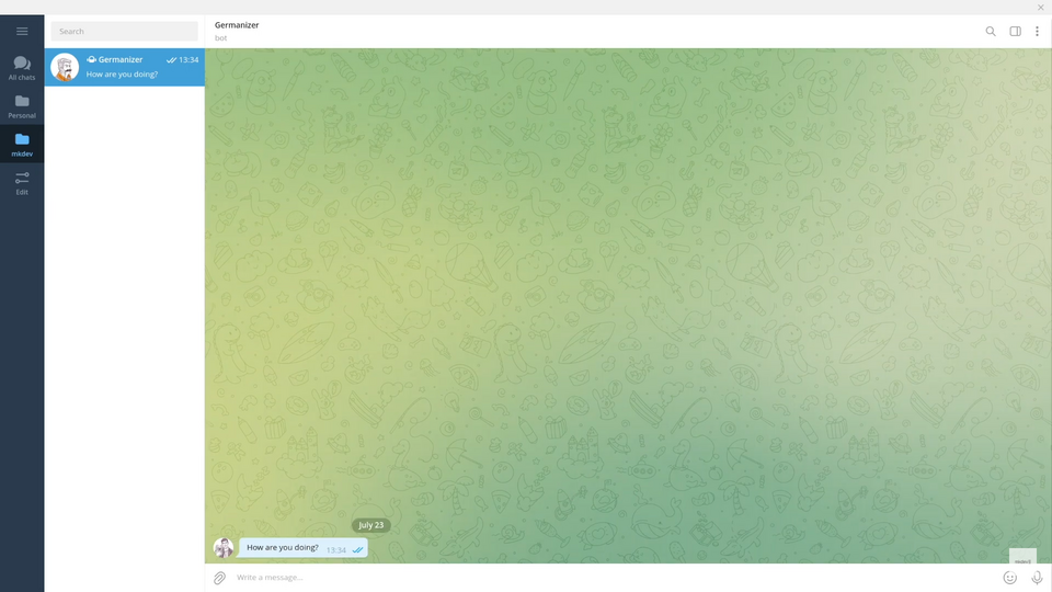 Screenshot of a messaging app interface showing a chat window with a person named "Germanizer," a message that reads "How are you doing?" and a colorful background with doodle art.