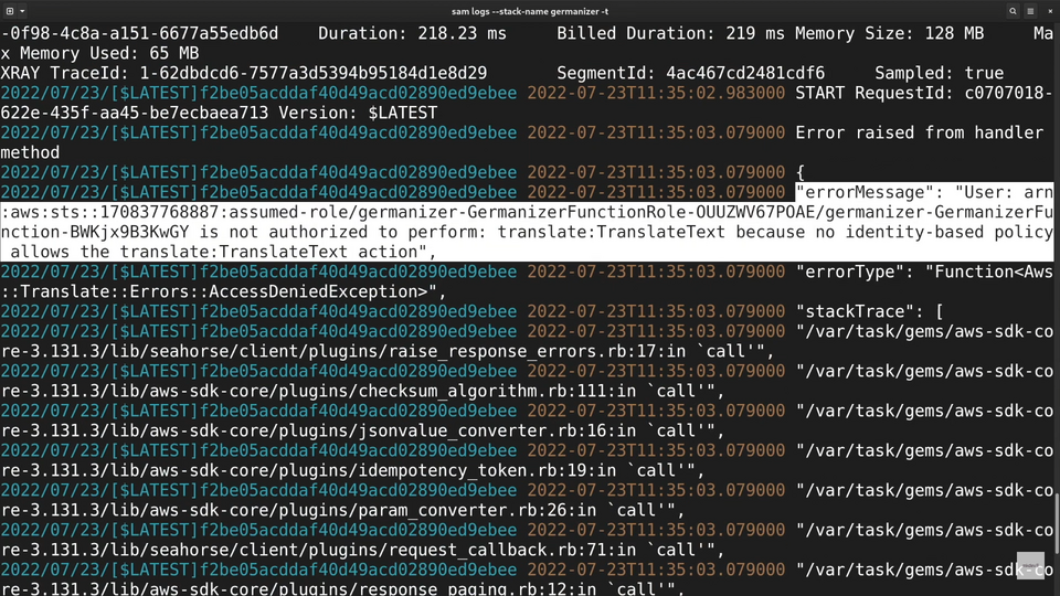 A screenshot of a computer terminal display showing error logs with timestamps and error messages related to unauthorized attempts to perform an action in a cloud computing service.