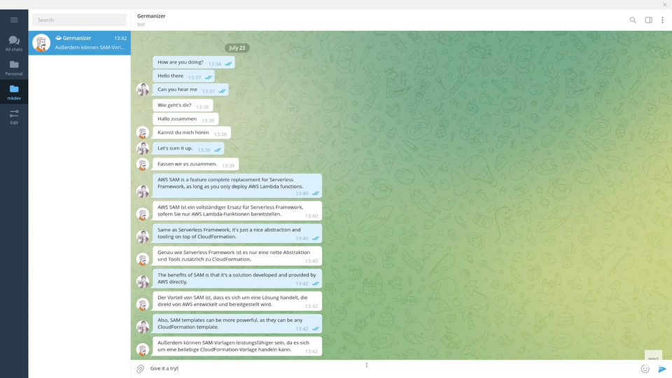 A screenshot of a chat conversation in an instant messaging application, with messages exchanged in English and German, discussing AWS SAM as a Serverless Framework tool.